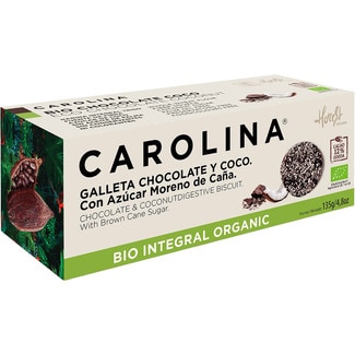 Bio Integral Organic galleta digestive con chocolate, coco y azúcar moreno de caña estuche 135 g - Carolina