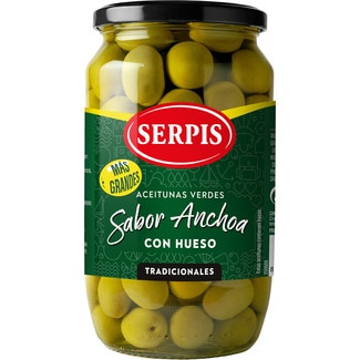 aceitunas verdes con hueso sabor a anchoa tradicionales frasco 530 g neto escurrido - Serpis