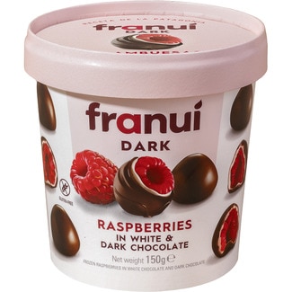 frambuesas recubiertas con chocolate blanco y chocolate negro sin gluten tarrina 150 g - Franui