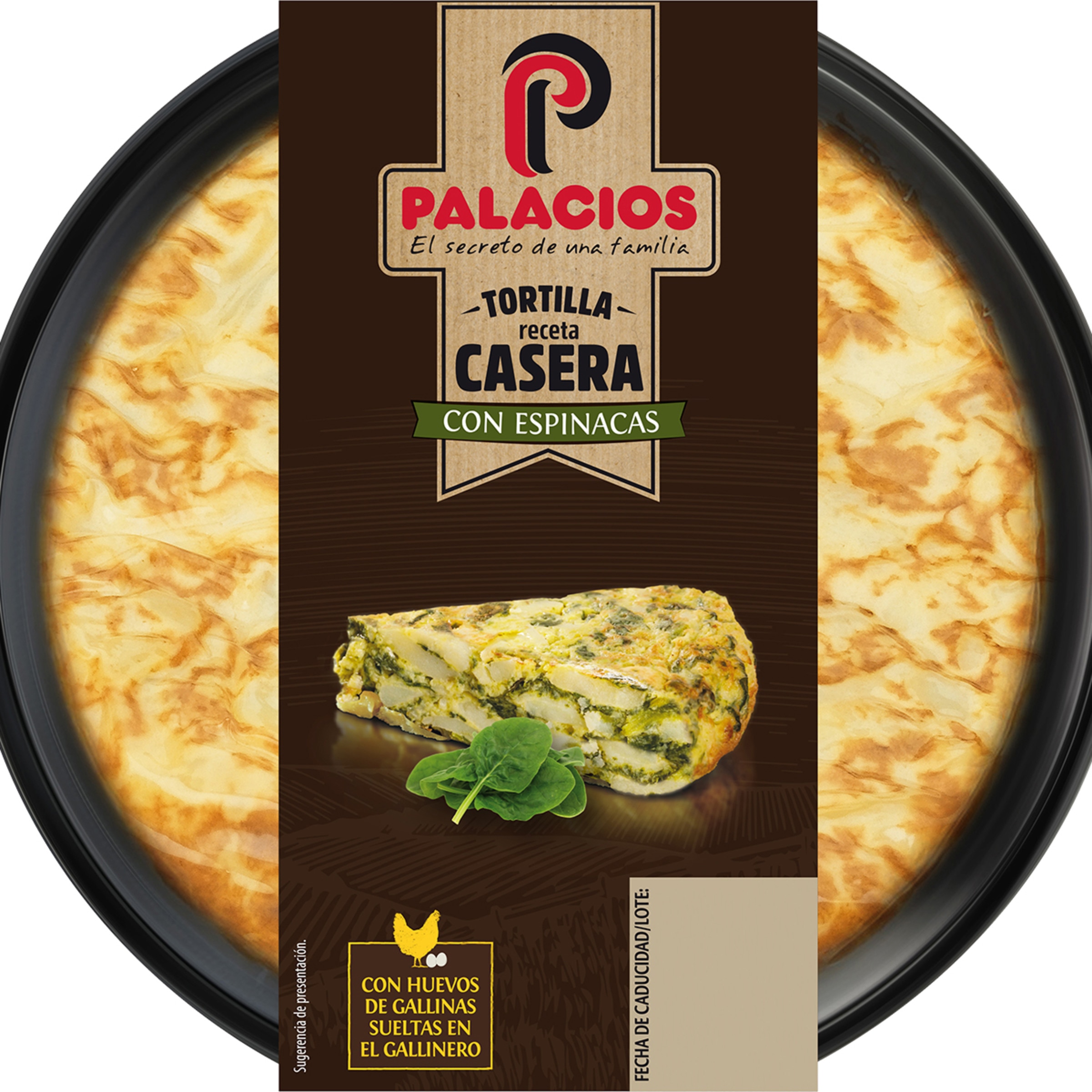 tortilla de patata casera con espinacas y AOVE sin gluten sin lactosa envase 300 g