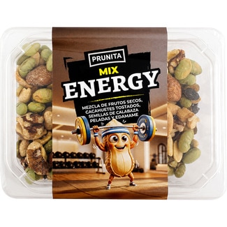 mix Energy mezcla de frutos secos, cacahuetes tostados, semillas de calabaza tostadas tarrina 200 g con edamame - Prunita