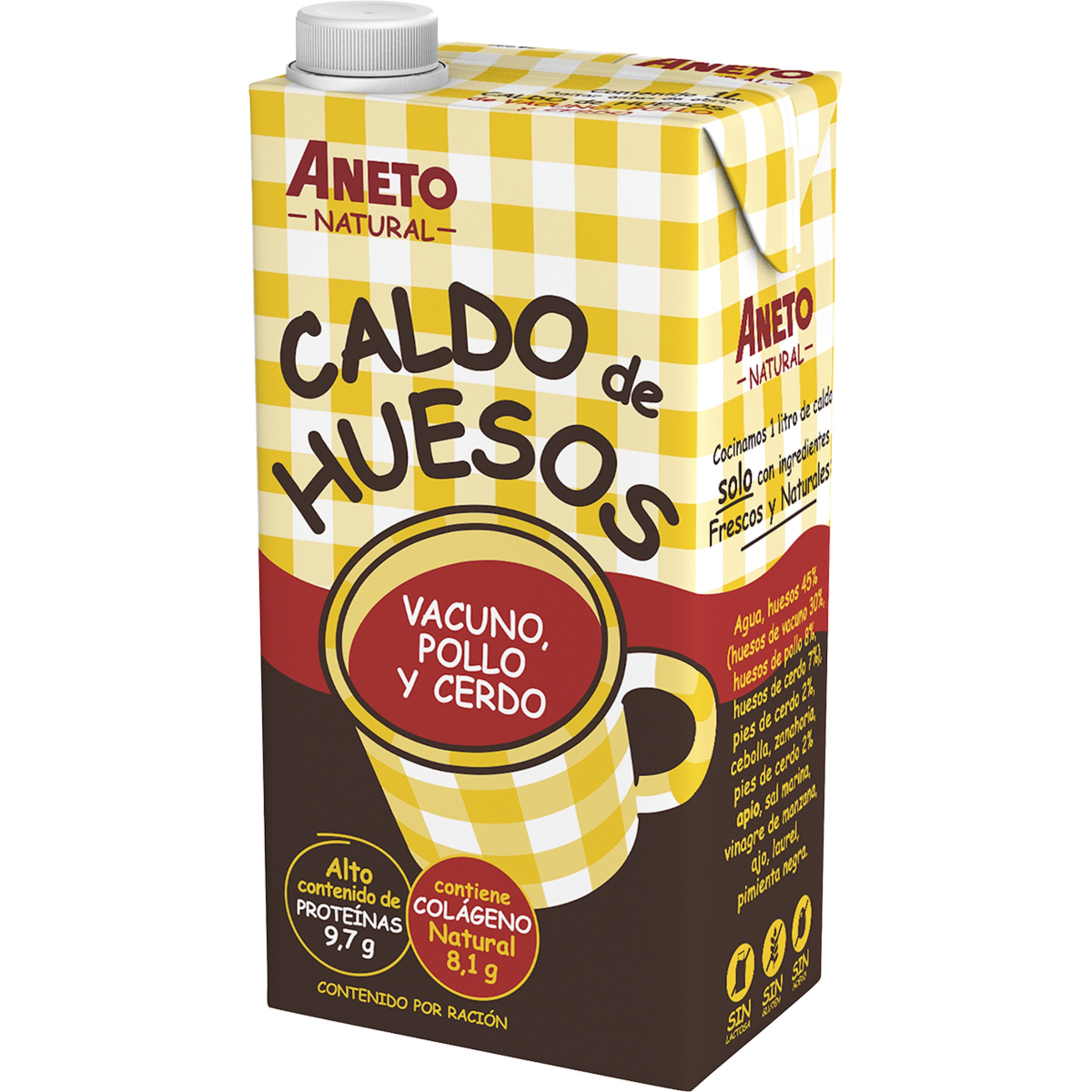 caldo de huesos de vacuno, pollo y cerdo sin gluten y sin lactosa brik 1 l