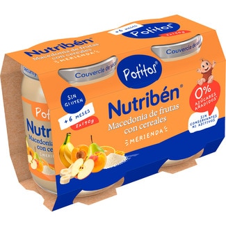 Potitos Merienda tarrito macedonia de frutas con cereales desde 6 meses pack 2 envases 190 g sin gluten - Nutriben