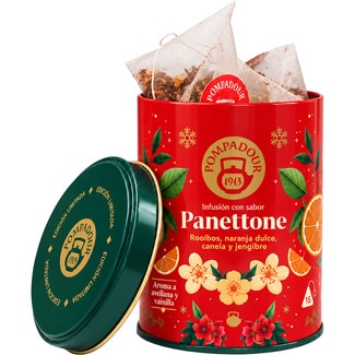 infusión con sabor panettone rooibos, naranja dulce, canela y jengibre lata 15 bolsitas con aroma a avellana y vainilla. Edición Limitada - Pompadour