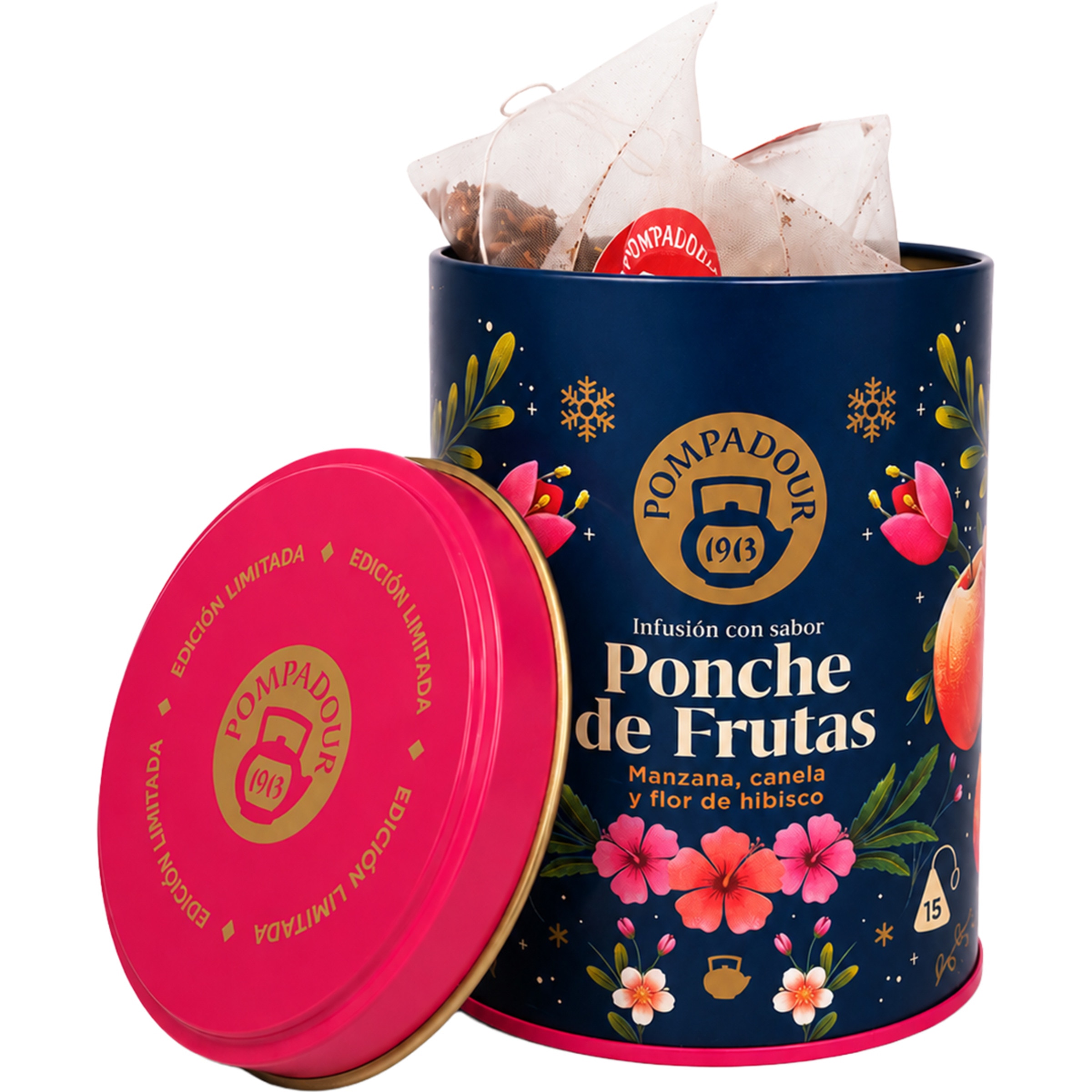 infusión con sabor a ponche de frutas manzana, canela y flor de hibisco Edición Limitada lata 15 bolsitas