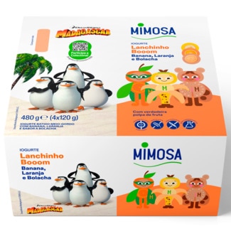 Iogurte Fruta Batida Banana, Laranja e Bolacha Lanchinho Booom Pack 4 embalagem 120 g - Mimosa