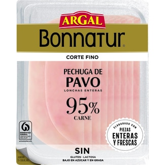 Bonnatur Corte Fino pechuga de pavo en lonchas enteras bajo en azúcar envase 115 g sin gluten sin lactosa - Argal