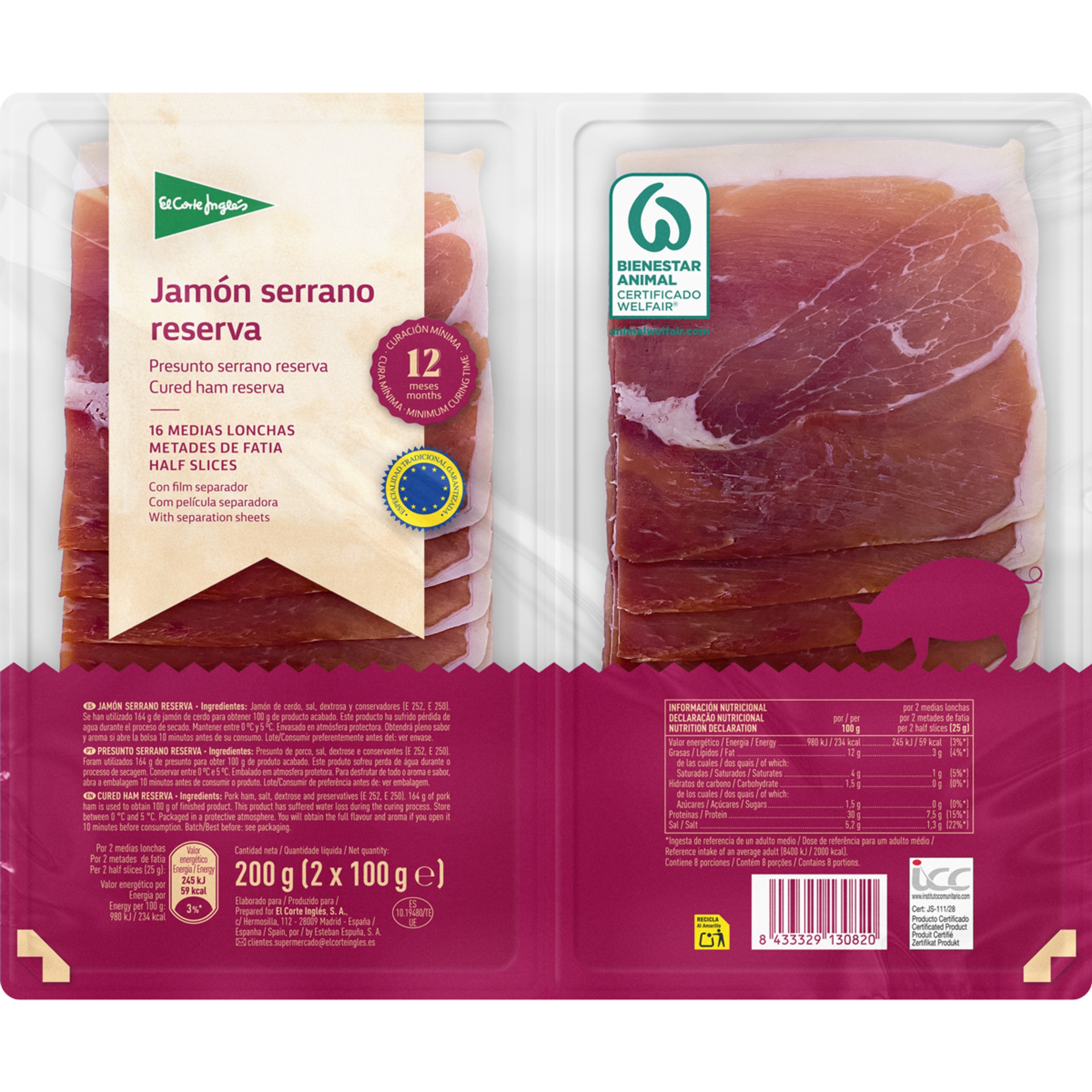 jamón serrano Reserva ETG en medias lonchas pack 2 x 100 g envase 200 g curación mínima 12 meses