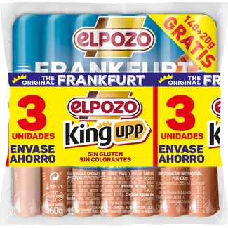 King Upp salchichas Frankfurt cocidas de cerdo, pavo y pollo sabor ahumado pack 3 x 160 g envase 480 g sin gluten - Elpozo
