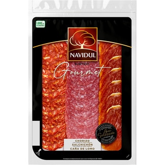 Surtido Gourmet chorizo y salchichón Gran Selección, caña de lomo en lonchas sin gluten envase 100 g - Navidul