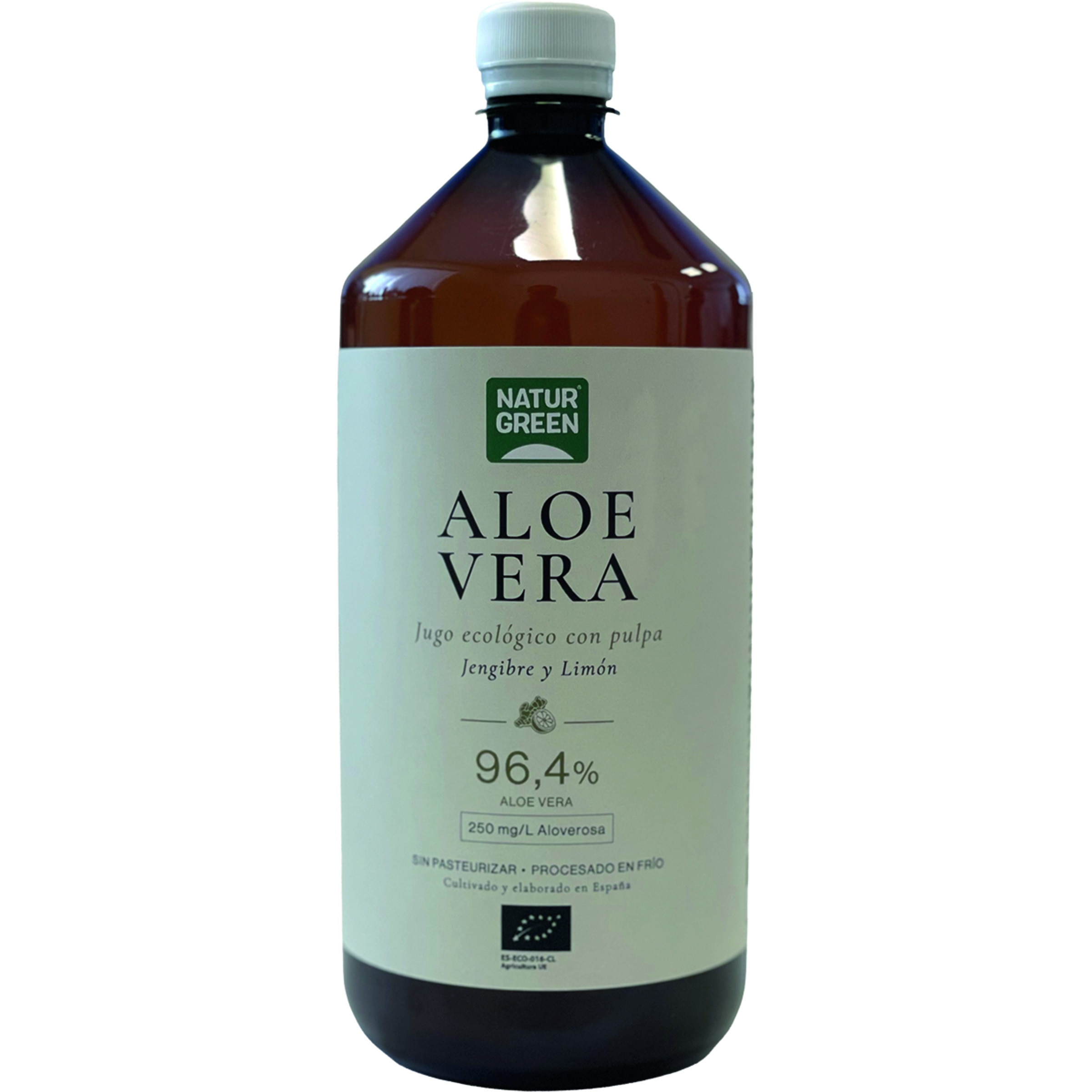jugo de aloe vera con pulpa jengibre y limón ecológico botella 1 l sin pasteurizar, procesado en frío