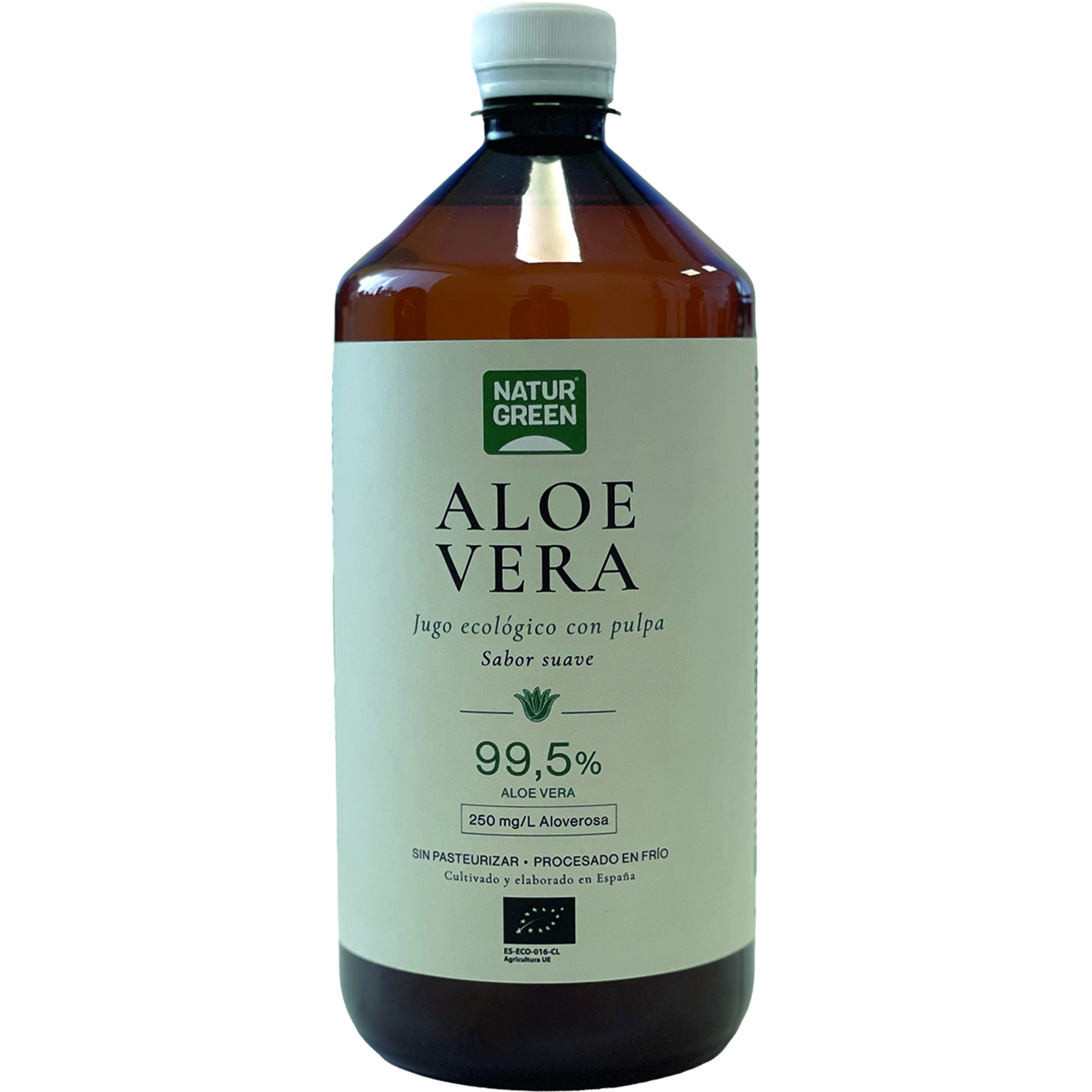 jugo de aloe vera con pulpa sabor suave ecológico botella 1 l sin pasteurizar, procesado en frío