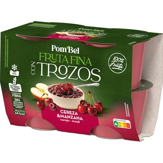 Fruta Fina puré de cereza y manzana con trozos sin gluten pack 4 tarrinas 97 g - Pom'bel