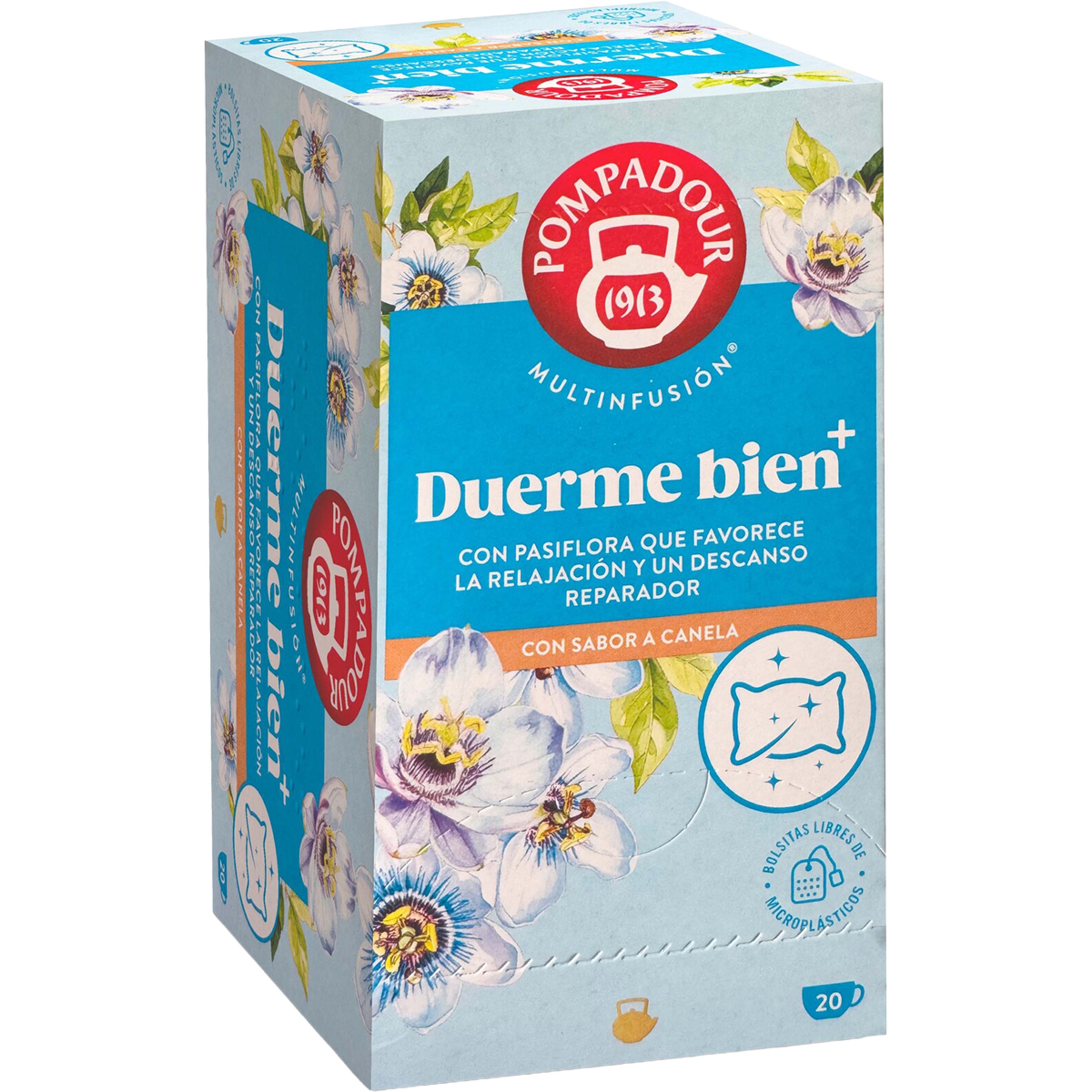 Plus Duerme Bien multinfusión con Pasiflora favorece la relajación y un descanso reparador estuche 20 bolsitas con sabor a canela