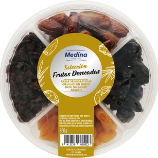 Selección frutas desecadas con pasas deshidratadas, ciruelas y dátil sin hueso y orejón bandeja 600 g - Medina