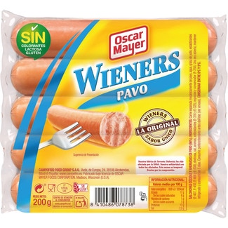 Wieners salchichas cocidas de pavo con sabor ahumado sin gluten sin lactosa 5 piezas envase 200 g - Oscar Mayer