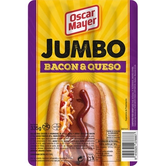 Jumbo salchichas cocidas y ahumadas de cerdo y pollo con bacon y queso sin gluten 4 piezas envase 350 g - Oscar Mayer