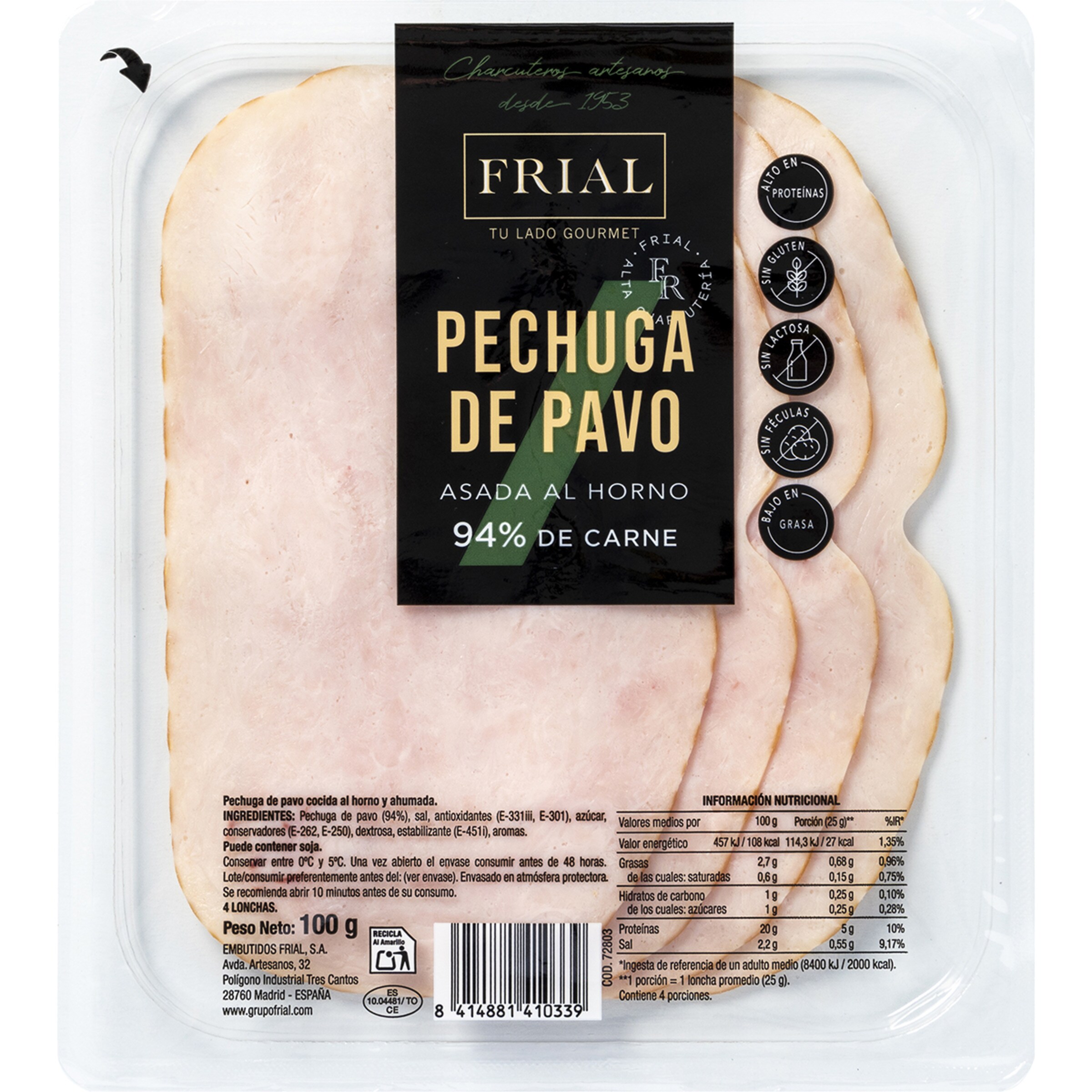 pechuga de pavo asada al horno bajo en grasa en lonchas sin gluten sin lactosa envase 100 g