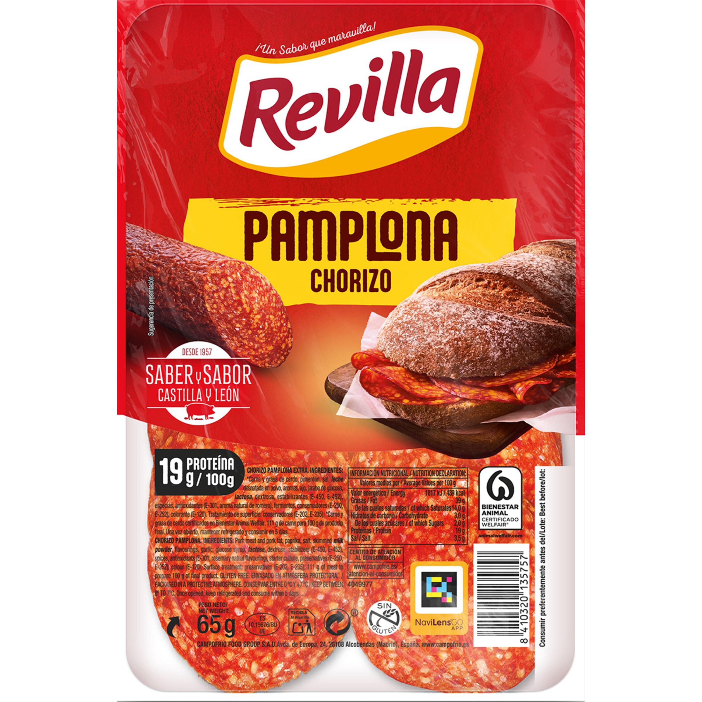 chorizo de Pamplona en lonchas sin gluten envase 65 g