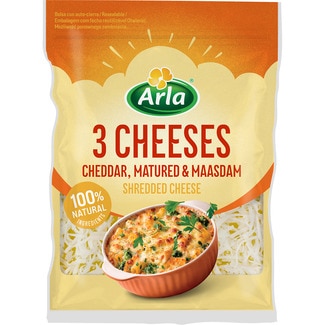 queso rallado 3 quesos cheddar, queso madurado y maasdam de vaca para pasta y gratinar bolsa 175 g elaborados con leche pasteurizada - Arla
