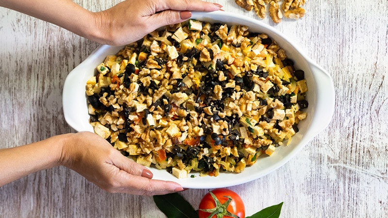 Tofu com Batatas Assadas e Esparregado