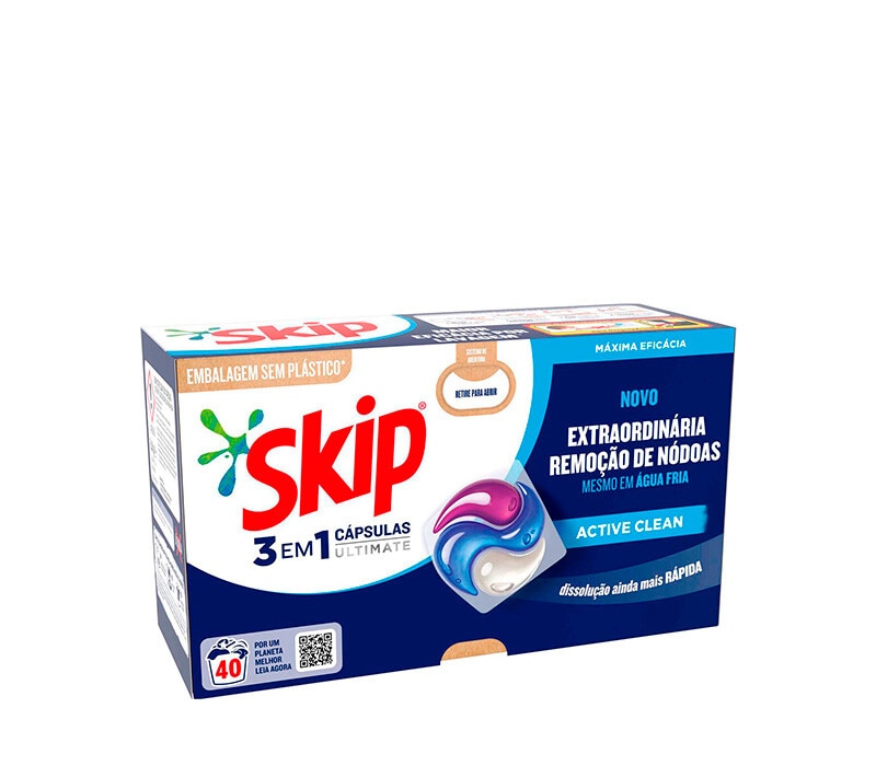 Skip Detergente Máquina Roupa Cápsulas Active Clean Ultimate embalagem 40 doses