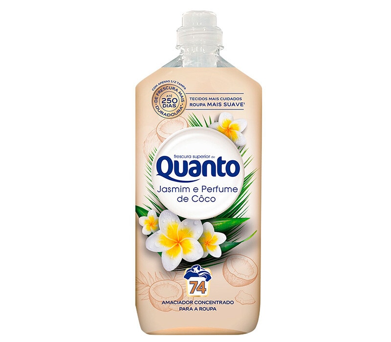 Quanto Amaciador Roupa Côco e Jasmim embalagem 74 doses