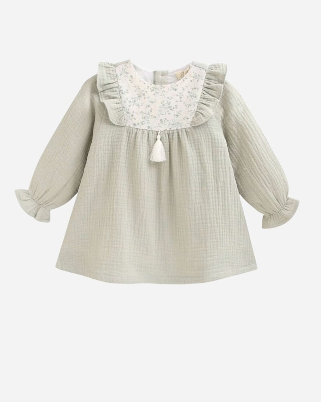 Vestido para Bebé de Muselina com Detalhe Floral na Gola
