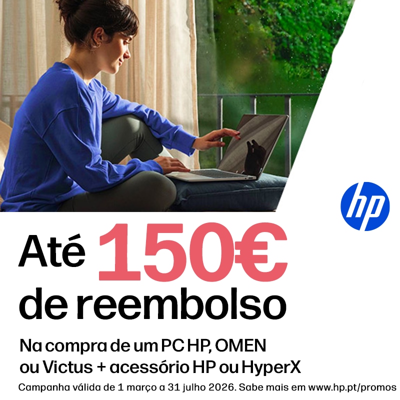 Até 150€ de Reembolso na compra de um PC, Omen ou Victus + Acessório HP ou HyperX, modelos elegíveis.