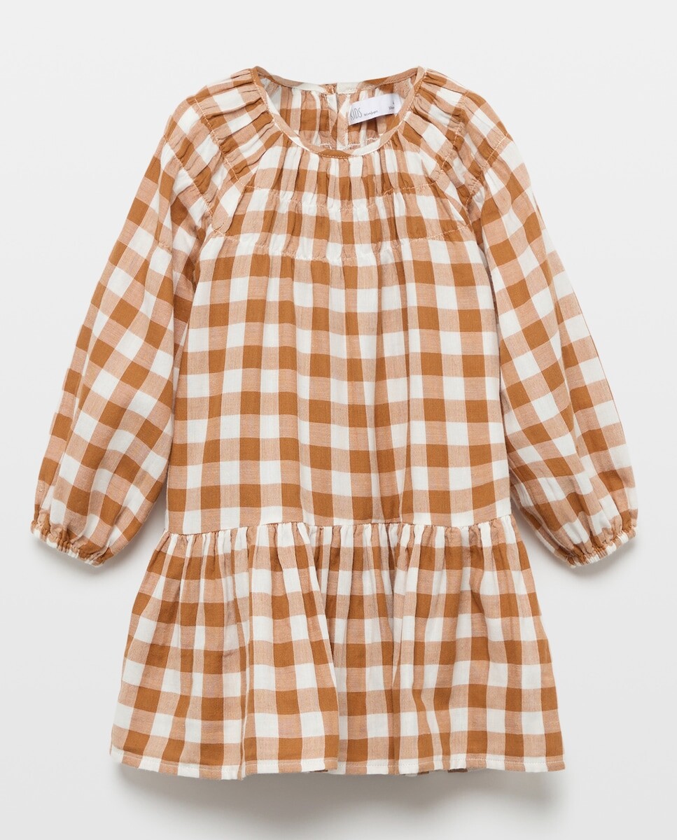 Imagem 0 de Vestido de Manga Comprida em Chiffon Duplo com Vichy e Gola Smock com Elásticos