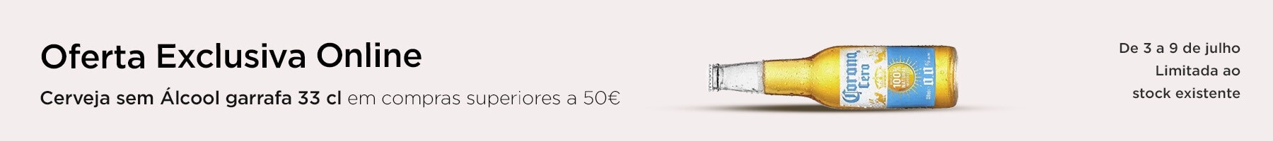 Exclusivo online, oferta Corona Cero Cerveja sem Álcool garrafa 33 cl em compras superiores a 50€