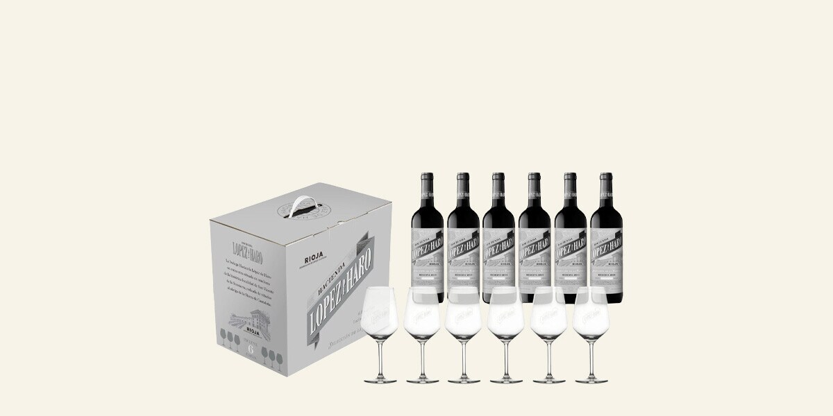 Vino tinto DOCa Rioja caja 6 con regalo de 6 copas 45% dto. Hacienda López Haro