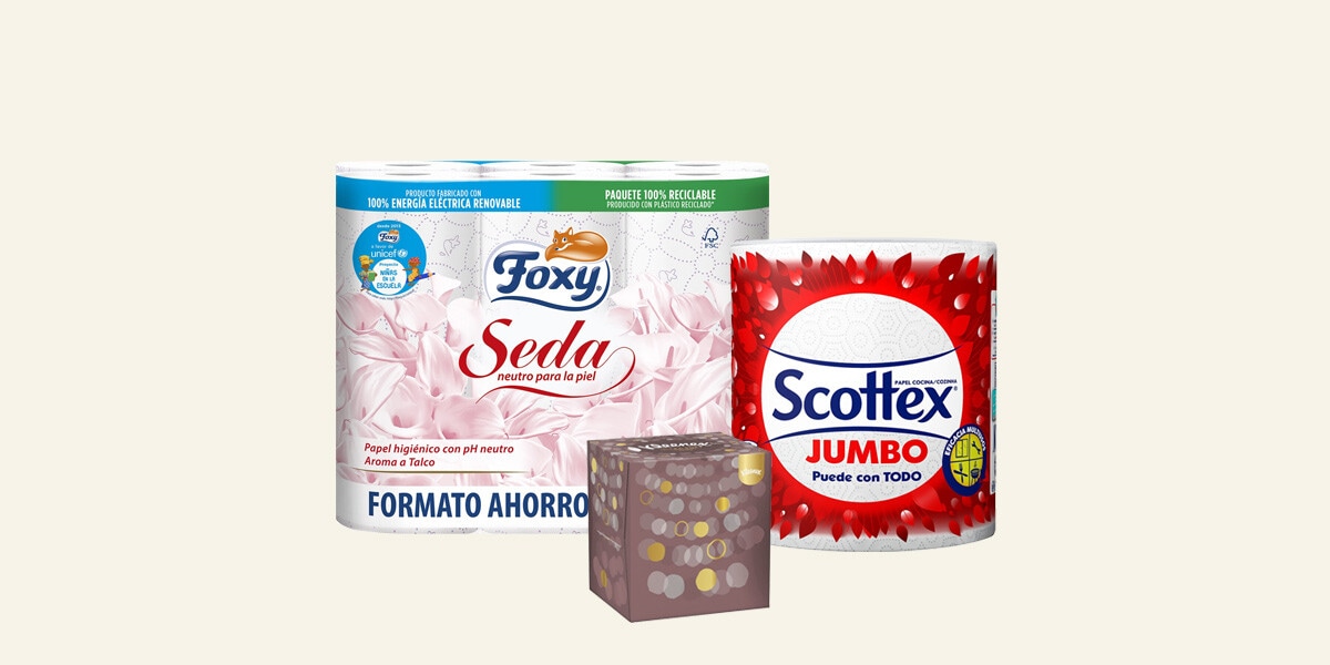 Papel higiénico, de cocina y pañuelos Scotter, Kleenex y Foxy