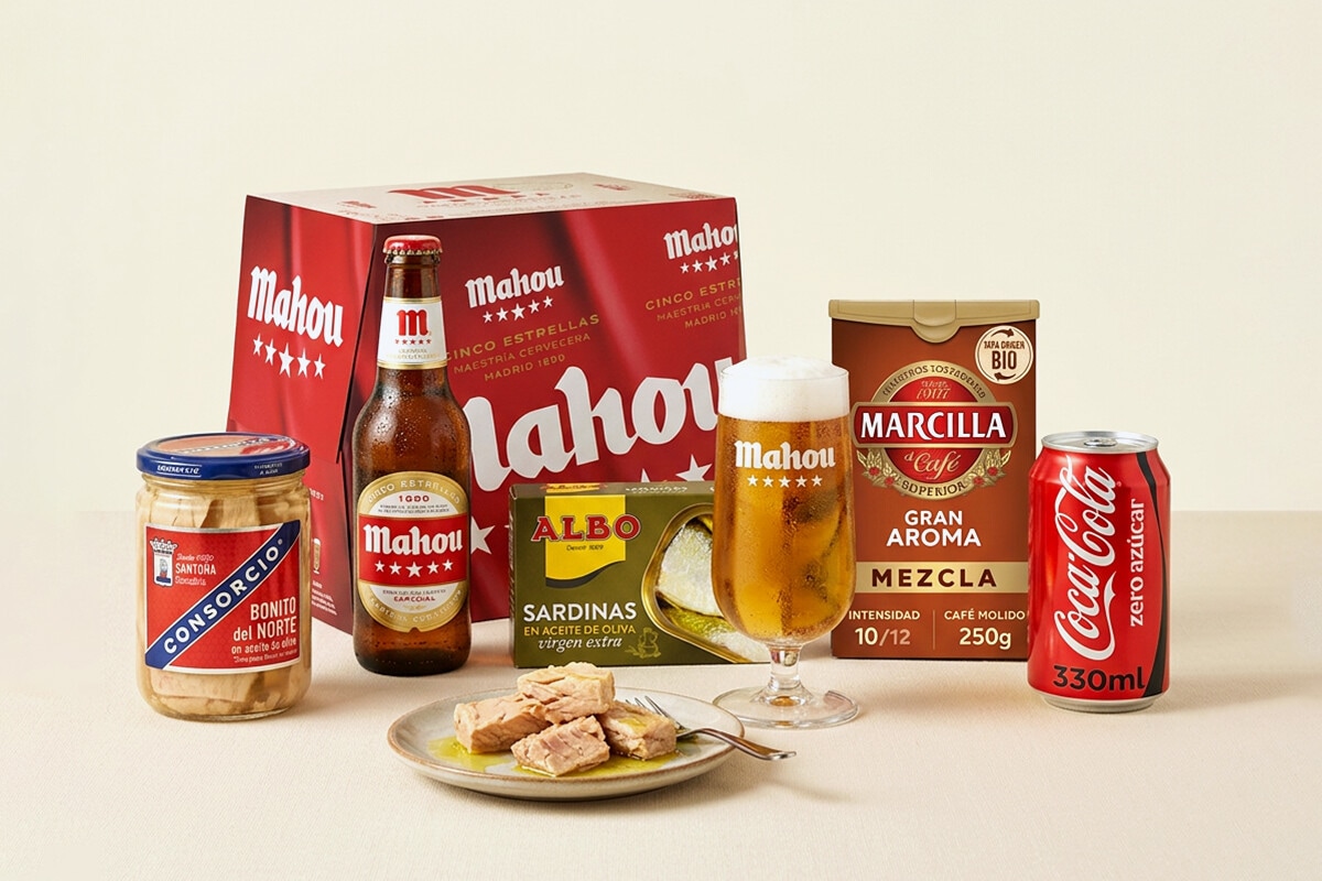 Cervezas, refrescos, zumos, aguas, cafés y conservas de pescado
