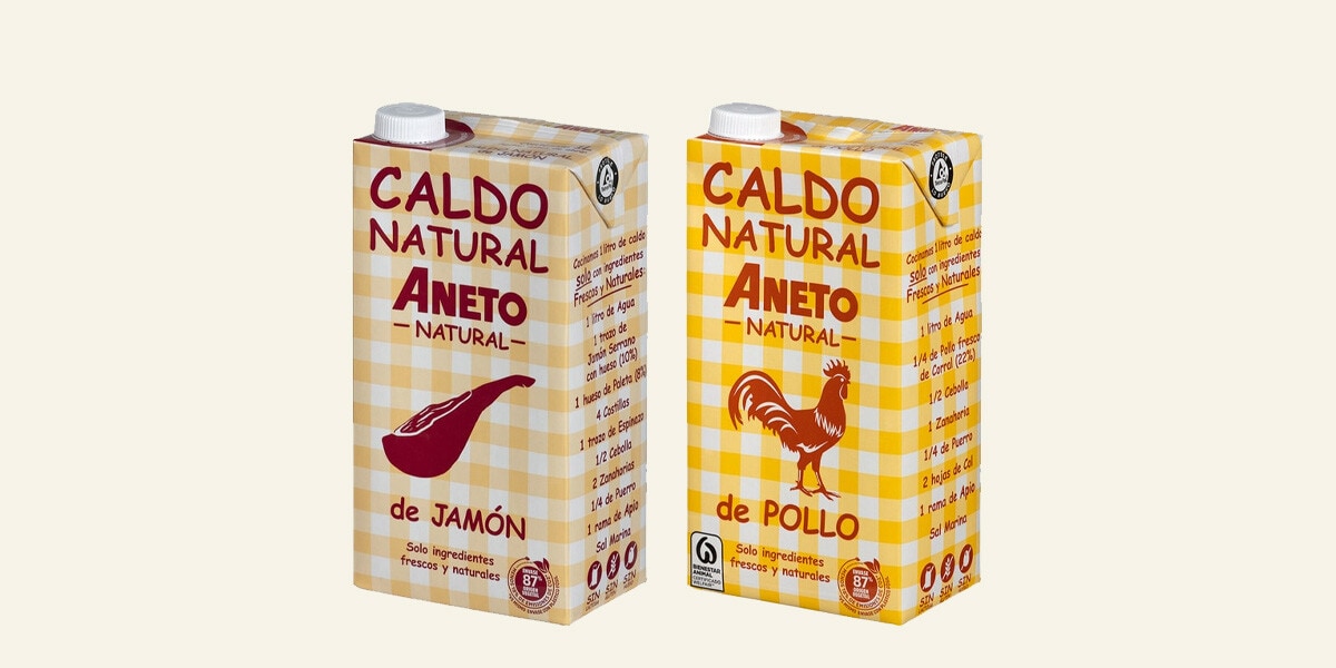 Caldos de pollo, verduras y pescado Aneto