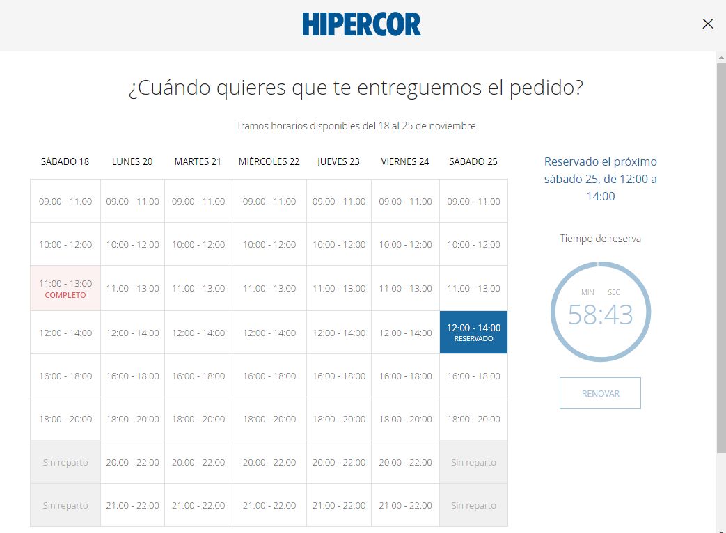 Reserva entrega hipercor 