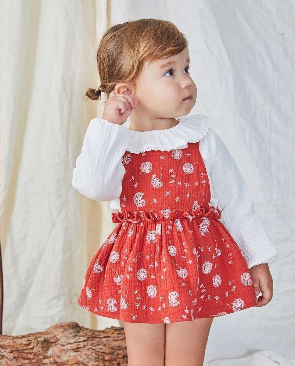 Imagem 0 de Vestido Curto para Bebé Laçado nas Costas com Estampado de Dente de Leão e Cueca em Conjunto