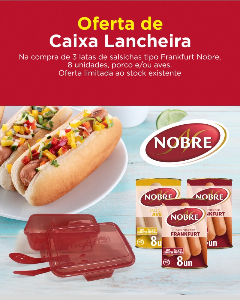 PUB Nobre - Oferta uma Caixa/Lancheira com talheres na compra de 3 Salsichas lata Frankfurt