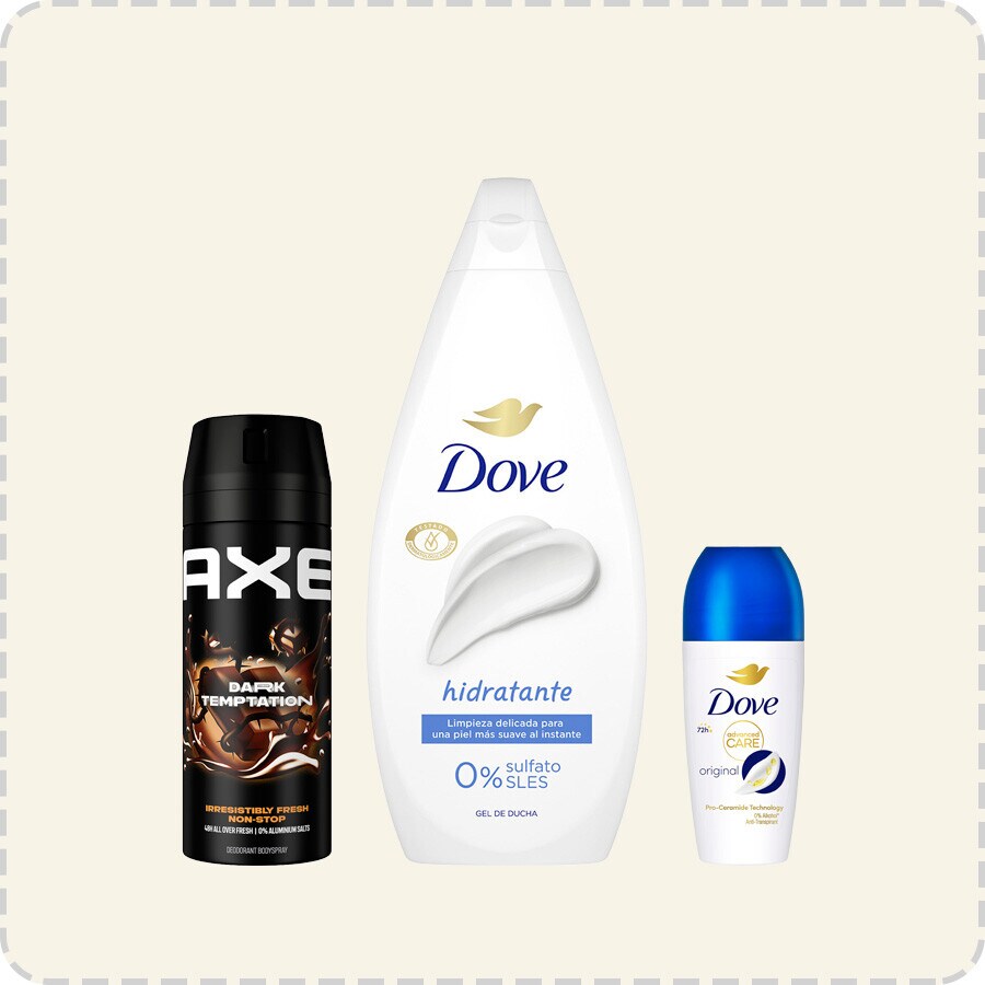 40% de descuento por compra superior a 2 uds en selección Dove y Axe. Introduce cupón HIGIENEDTO. Exclusivo Online.