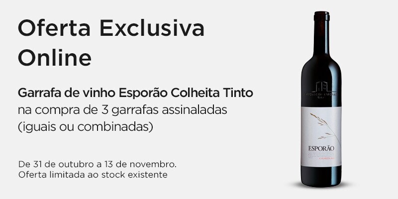 Exclusivo Online, oferta Esporão Vinho Tinto Colheita na compra de 3 garrafas Esporão, assinaladas, iguais ou combinadas - 31 de outubro a 13 de novembro