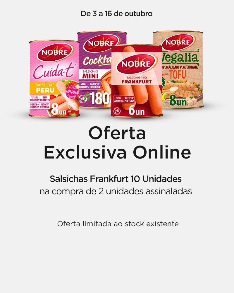 Exclusivo Online, oferta Nobre Salsichas Frankfurt 10 Unidades na compra de 2 unidades Nobre, assinaladas - 3 a 16 de outubro