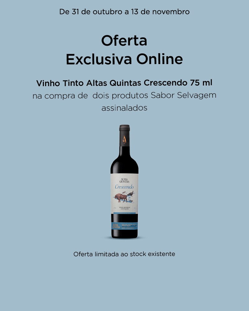 Exclusivo Online, oferta Altas Quintas Vinho Tinto Crescendo 75 cl na compra de 2 unidades Sabor Selvagem, assinaladas, iguais ou combinadas - 31 de outubro a 13 de novembro