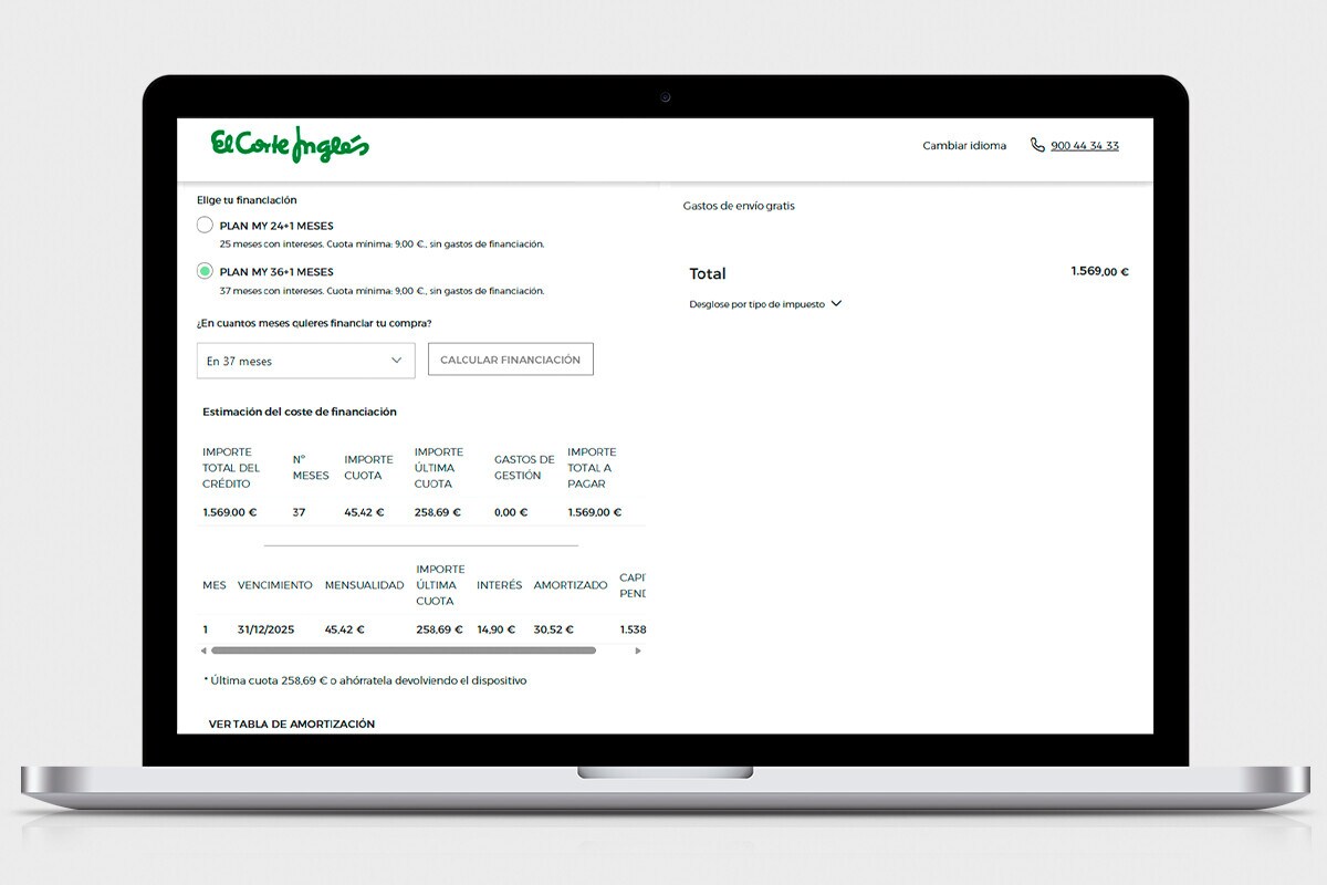 Una vez seleccionado el plan pulsa en calcular financiación y te mostraremos toda la información relativa a la cuota y los importes