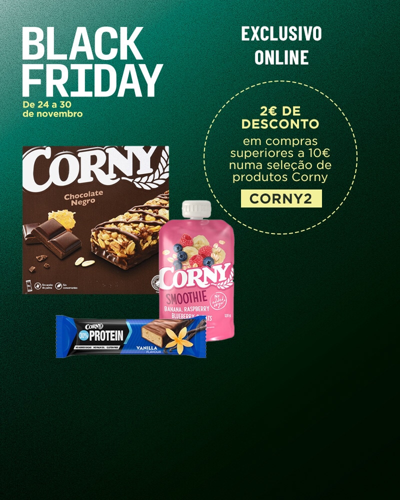 Exclusivo Online, Desconto 2€ com o código CORNY2 na compra de 10€ dos produtos assinalados, iguais ou combinados. Introduza o código CORNY2 na página de finalização do pedido - 24 a 30 de novembro