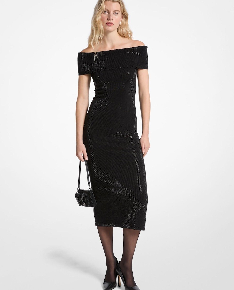 Imagem 0 de Vestido Midi de Malha Elástica com Ombros Descobertos