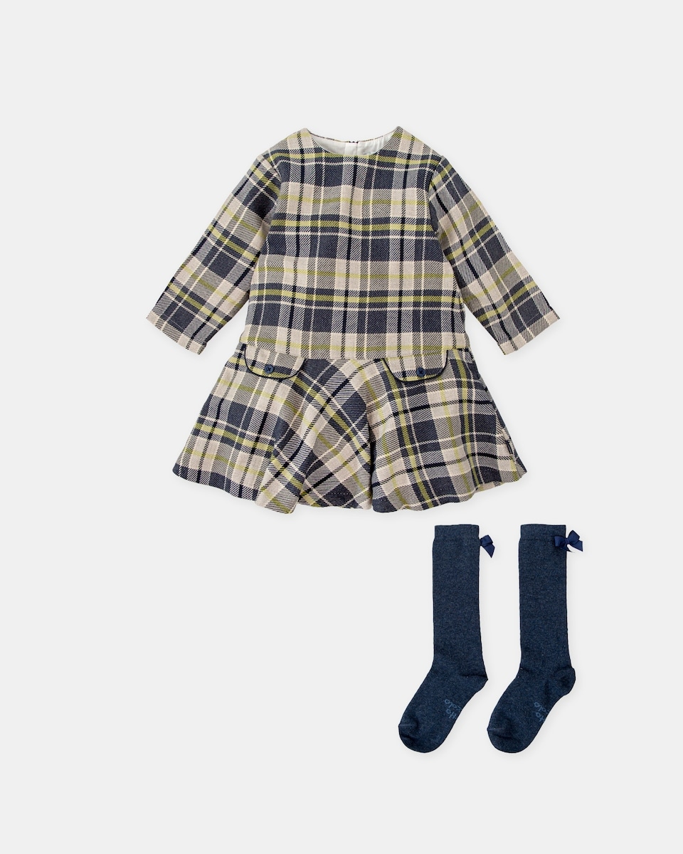 Imagem 0 de Conjunto para Bebé de Vestido aos Quadrados em Marinho com Meias