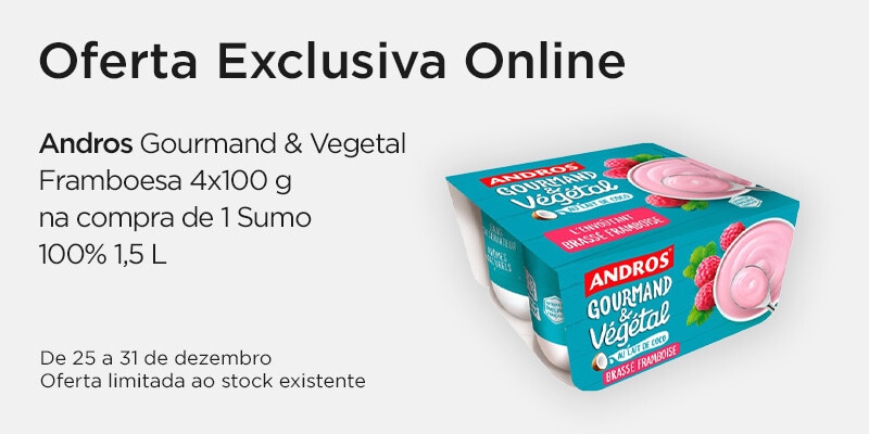 Exclusivo Online, oferta Andros Gourmand &amp; Vegetal Framboesa 4x100g  na compra de Andros Sumo 100% 1,5 L - 25 a 31 de dezembro