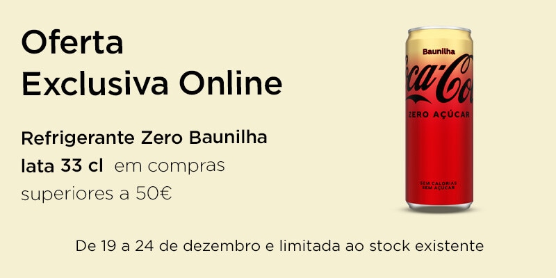 Exclusivo online, oferta Coca-Cola Refrigerante Zero Baunilha lata 33 cl  em compras superiores a 50€ - 19 a 24 de dezembro
