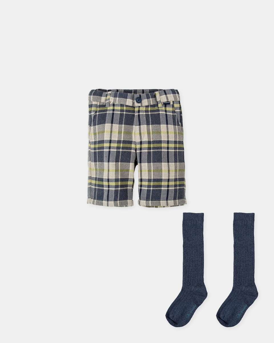 Imagem 0 de Conjunto para Bebé de Bermudas aos Quadrados em Marinho com Meias