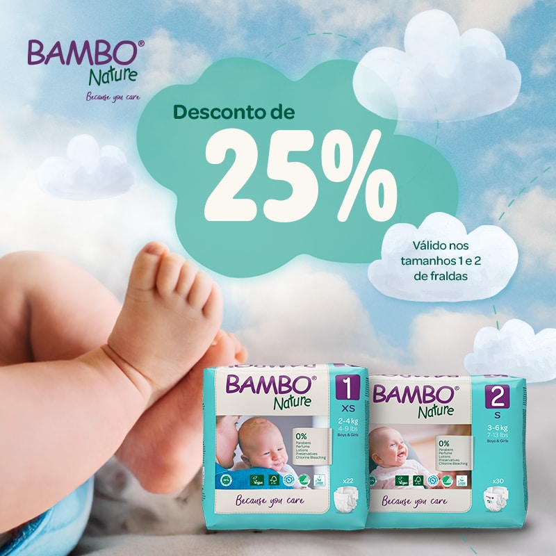 - 25% nas fraldas tamanho 1 e 2 da Bambo